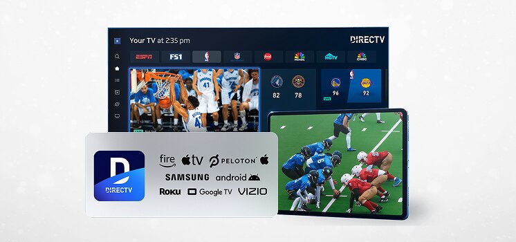 TV screen and tablet showing live sports and DIRECTV interface, surrounded by logos of supported streaming devices like Roku, Apple TV, Fire TV, Samsung, and Vizio.