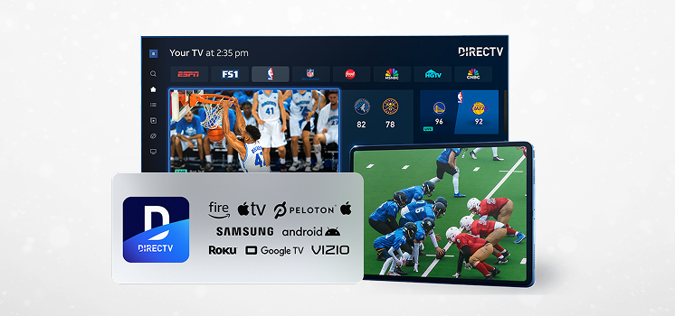 TV screen and tablet showing live sports and DIRECTV interface, surrounded by logos of supported streaming devices like Roku, Apple TV, Fire TV, Samsung, and Vizio.
