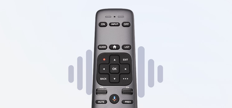 DIRECTV remote featuring voice control microphone icon.
