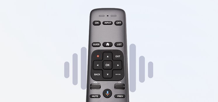 DIRECTV remote featuring voice control microphone icon.