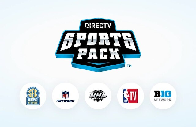 DIRECTV Sports Pack logo with channel logos for SEC Network, NFL Network, NHL, NBA TV, and Big Ten Network beneath.
