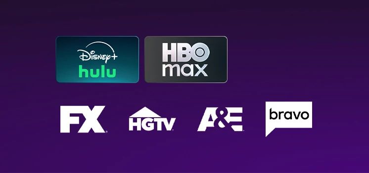 Featured streaming on demand apps and channels for the myentertainment genre pack are displayed including HBO Max, Disney+ Hulu bundle, f x, hgtv, a&e and bravo