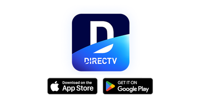 DIRECTV app icon with download badges for Apple App Store and Google Play.