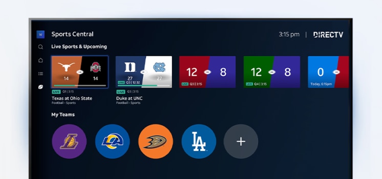 DIRECTV Sports Central screen showing game matchups, team icons, and scores.