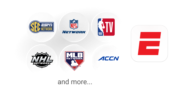 ESPN logo with sports league logos including SEC Network, NFL Network, NBA TV, NHL Network, MLB Network and ACC Network.