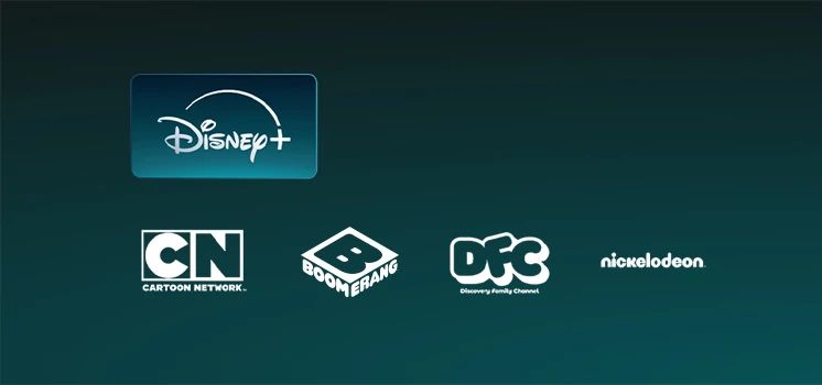 Featured streaming on demand apps and channels for the mykids genre pack are displayed including disney+, cartoon network, dfc and nickelodeon