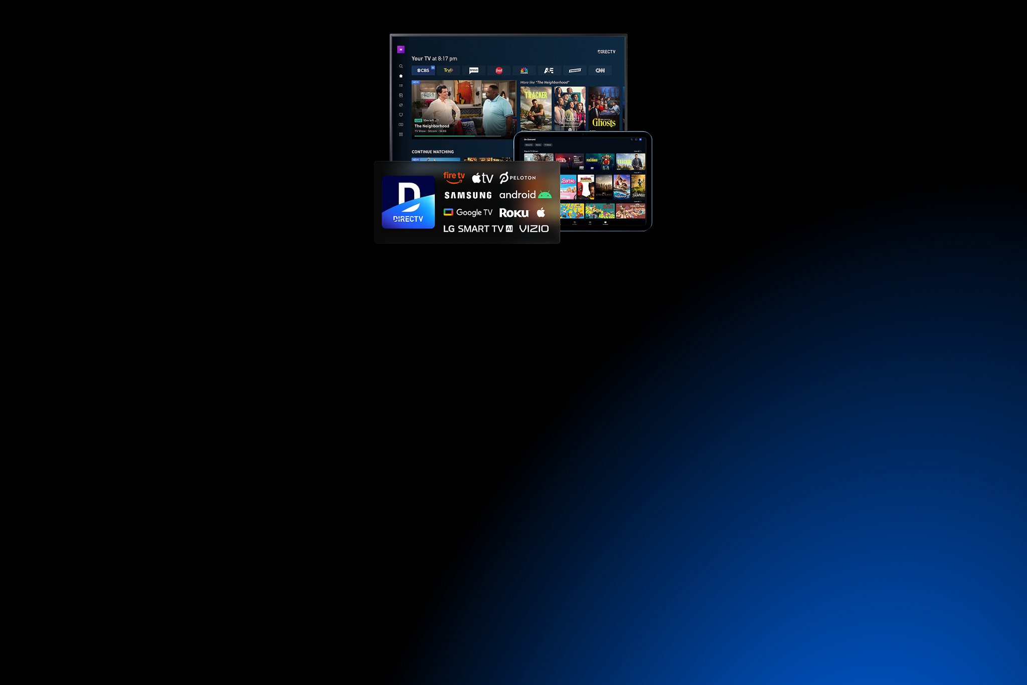 The directv app logo and compatible device logos for amazon fire, apple tv, peloton, apple, samsung, android, roku, google tv and vizio are presented in front of a tv and tablet device showing the directv app in use.