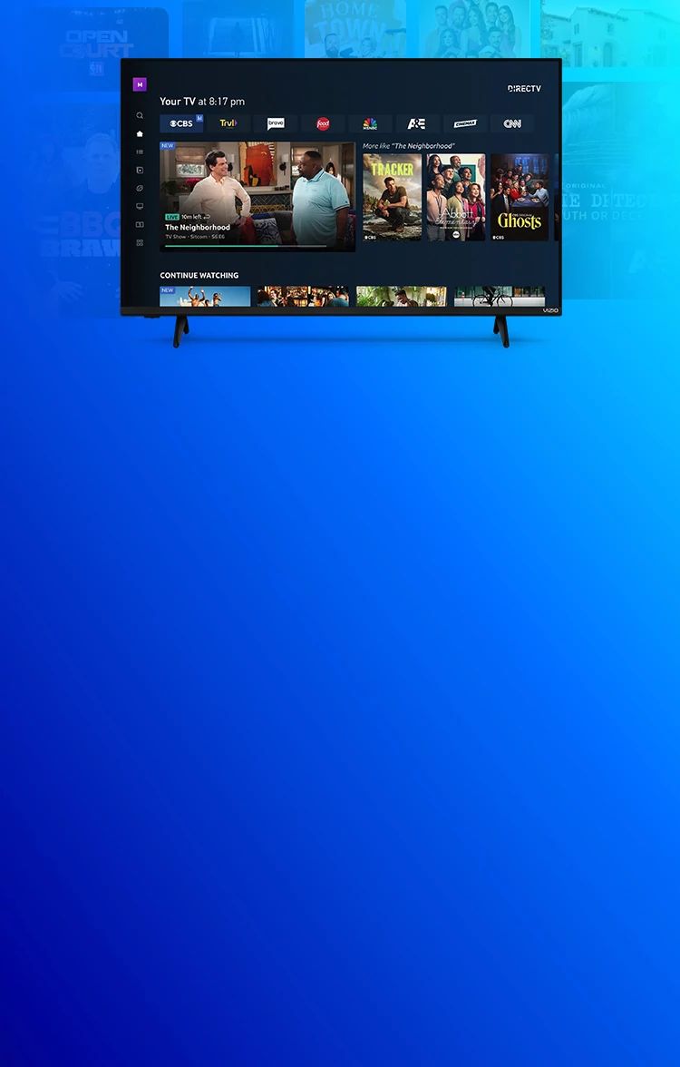 A smart tv device is seen using the directv application showing tv channels movies and shows