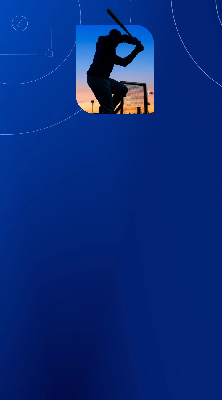 Silhouette of a baseball player swinging a bat at sunset inside a rounded “D” frame on a blue background.