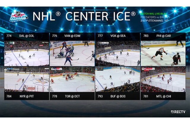 NHL CENTER ICE Game Mix screen showing eight live hockey games displayed simultaneously, each labeled with different team matchups.