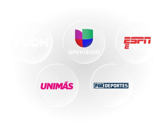 MySports, TUDN, UniMás, FOX Deportes and ESPN Deportes logos over a blurred stadium background.
