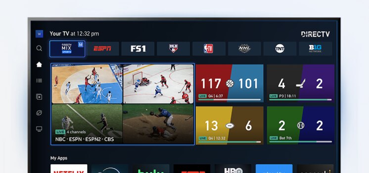 DIRECTV interface showing four live channels playing simultaneously with live scores.