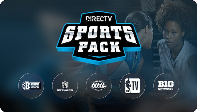 DIRECTV Sports Pack logo above circular icons for networks including NFL RedZone, NFL Network, MLB Network, ESPN News, NHL Network, and SEC Network.