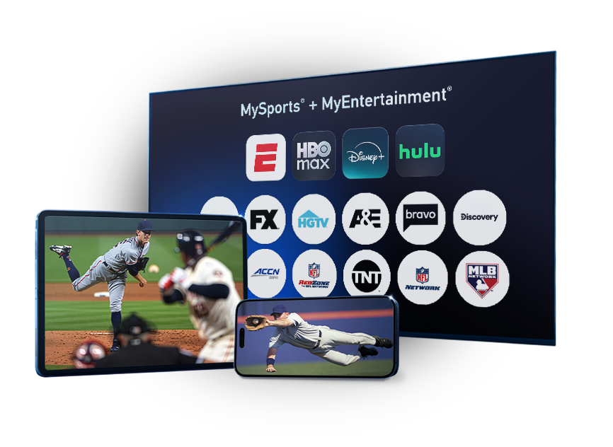 A TV screen showing channels and apps in MySports and MyEntertainment packs and a tablet and mobile device with sports programming