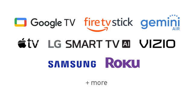Logos for chromecast, firetvstick, gemini, peloton, Roku, and Vizio.
