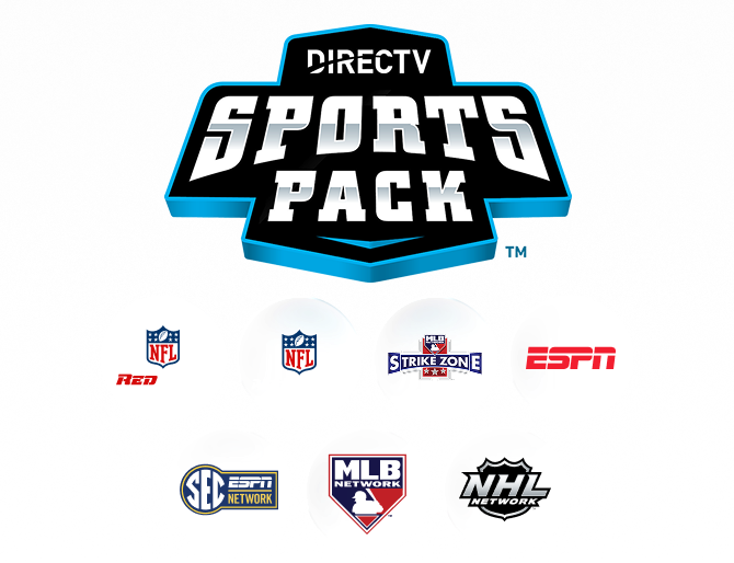 DIRECTV Sports Pack logo with floating sports network icons including NFL Network, SEC Network, MLB Network and NHL Network.