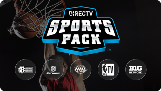 DIRECTV Sports Pack logo with channel logos for SEC Network, NFL Network, NHL, NBA TV, and Big Ten Network beneath.