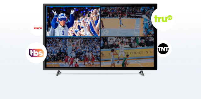 Television screen displaying multiview college basketball games with network logos including ESPN, TBS, TNT, and truTV.