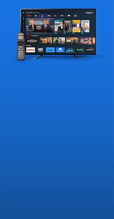 An image of the your tv menu of the directv app is shown on a flat screen tv with tiles of channel and show options. Accompanied by a directv remote