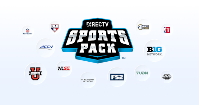 Logos of channels featured in the DIRECTV Sports Pack including FS2, MLB, and NHL.