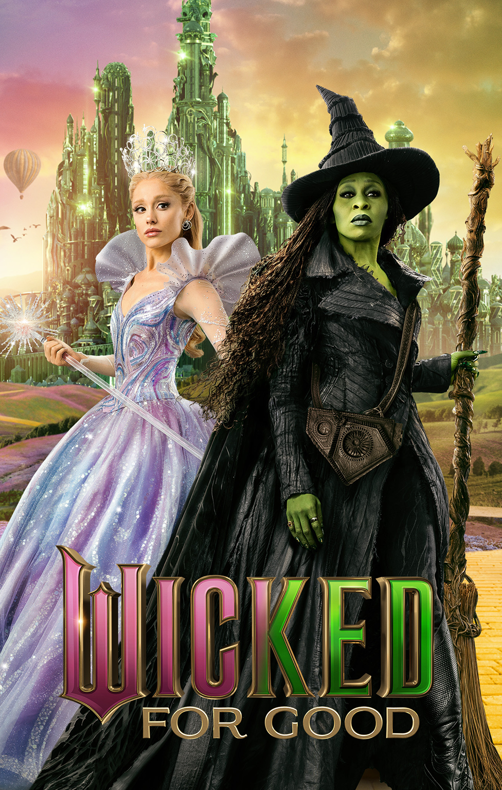Poster for Wicked For Good featuring dramatic fantasy imagery.