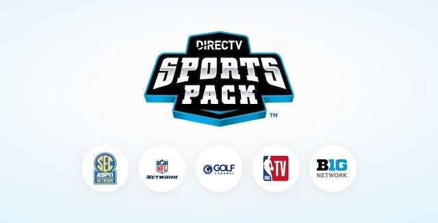 DIRECTV Sports Pack logo with circular channel logos for SEC Network, NFL Network, Golf Channel, NBA TV, and Big Ten Network.