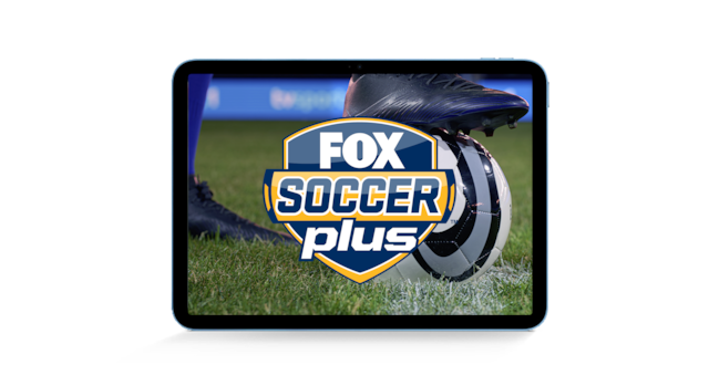 Image of the FOX Soccer Plus logo in a tablet with a soccer ball in the background.