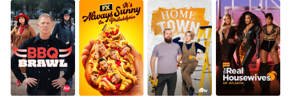 Programming tiles for BBQ Brawl, It’s Always Sunny in Philadelphia, Home Town, and Real Housewives.