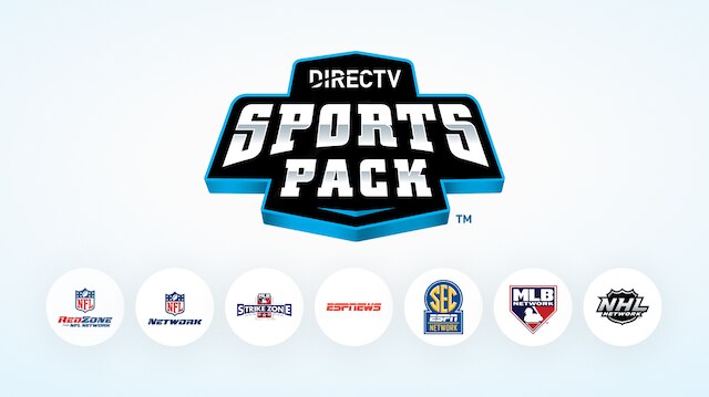 DIRECTV Sports Pack logo above circular icons for networks including NFL RedZone, NFL Network, MLB Network, ESPN News, NHL Network, and SEC Network.