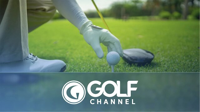 Golfer in white glove placing a golf ball on a tee next to a driver, with the NBC Golf Channel logo in the foreground.