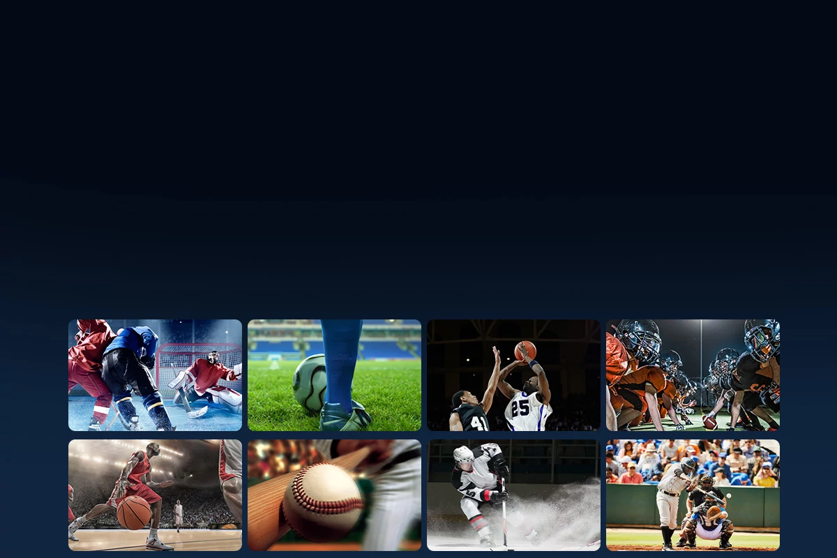 Sports showing soccer, basketball, football, baseball, and hockey.